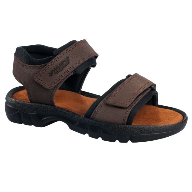 2. Side view of Omaking Tiidu brown leather sandal highlighting velcro straps and cushioned insole