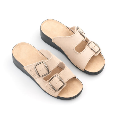 2. Top view of women's beige Anne Healed Sandals by Omaking, highlighting adjustable buckles and slip-on design