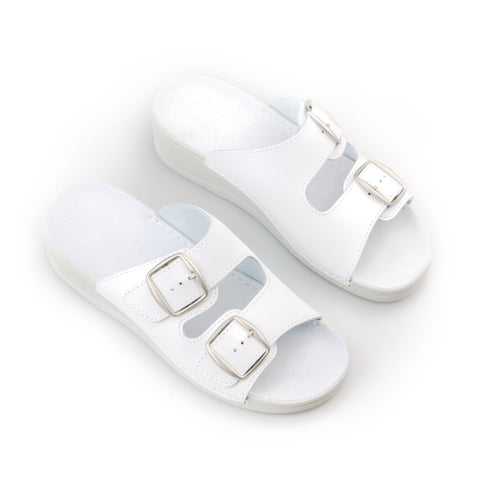 1. Women's Anne Healed Sandals in white leather with two adjustable buckles, shown in a flat lay view