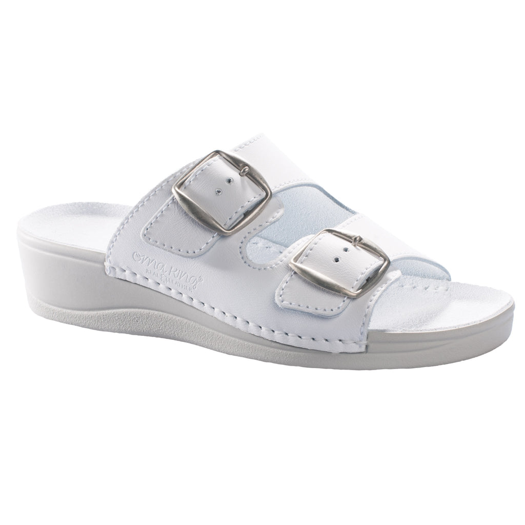 2. Side view of women's Anne Healed Sandals in white leather by Omaking, featuring adjustable buckles and a 3.8 cm heel