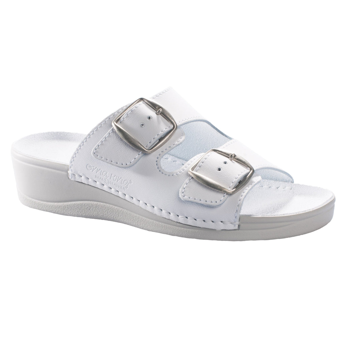 2. Side view of women's Anne Healed Sandals in white leather by Omaking, featuring adjustable buckles and a 3.8 cm heel