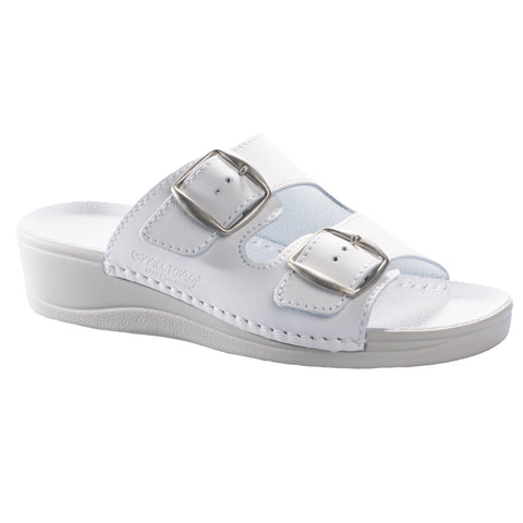 2. Side view of women's Anne Healed Sandals in white leather by Omaking, featuring adjustable buckles and a 3.8 cm heel