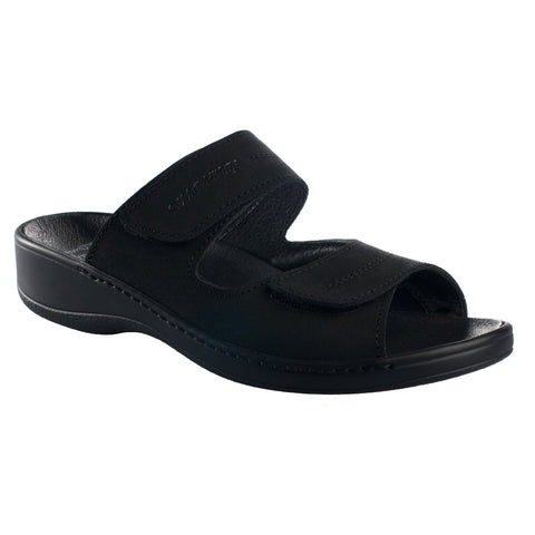 3. Studio side view of Omaking black professional heel-cushioned sandal highlighting leather upper and non-marking PU outsole