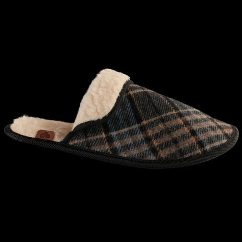 1. Studio image of Omaking Ruutsi Slippers in plaid woolen textile with sheep's wool lining, side view