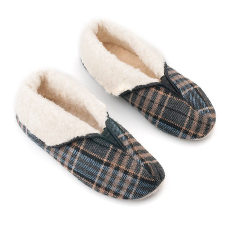 3. Top view of Omaking Trolla Lambswool Slippers in plaid pattern, showing soft lambswool lining