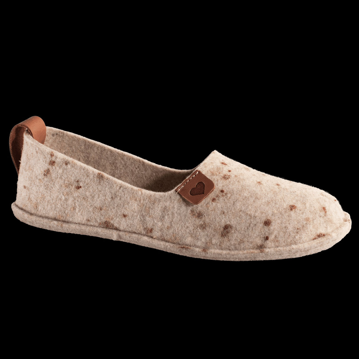 1. Women's beige felt slippers by Omaking with rubber sole and leather logo, shown in studio