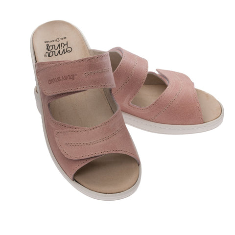 2. Studio image of OmaKing's light pink ergonomic sandals with adjustable Velcro straps and leather insole