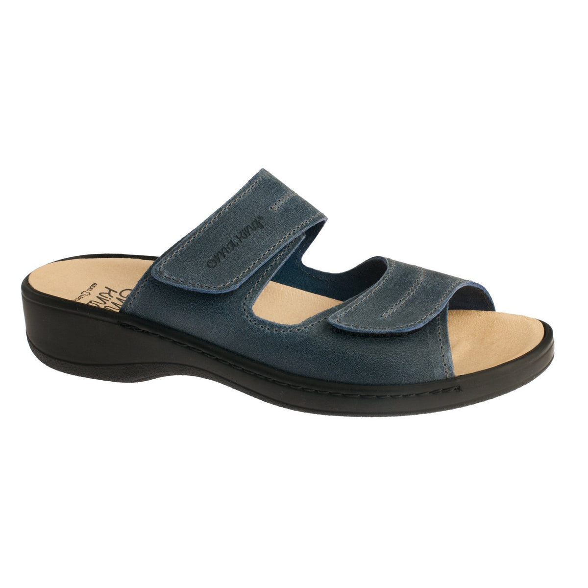 2. Side view of OmaKing blue ergonomic sandals featuring adjustable Velcro straps and ergonomic insole