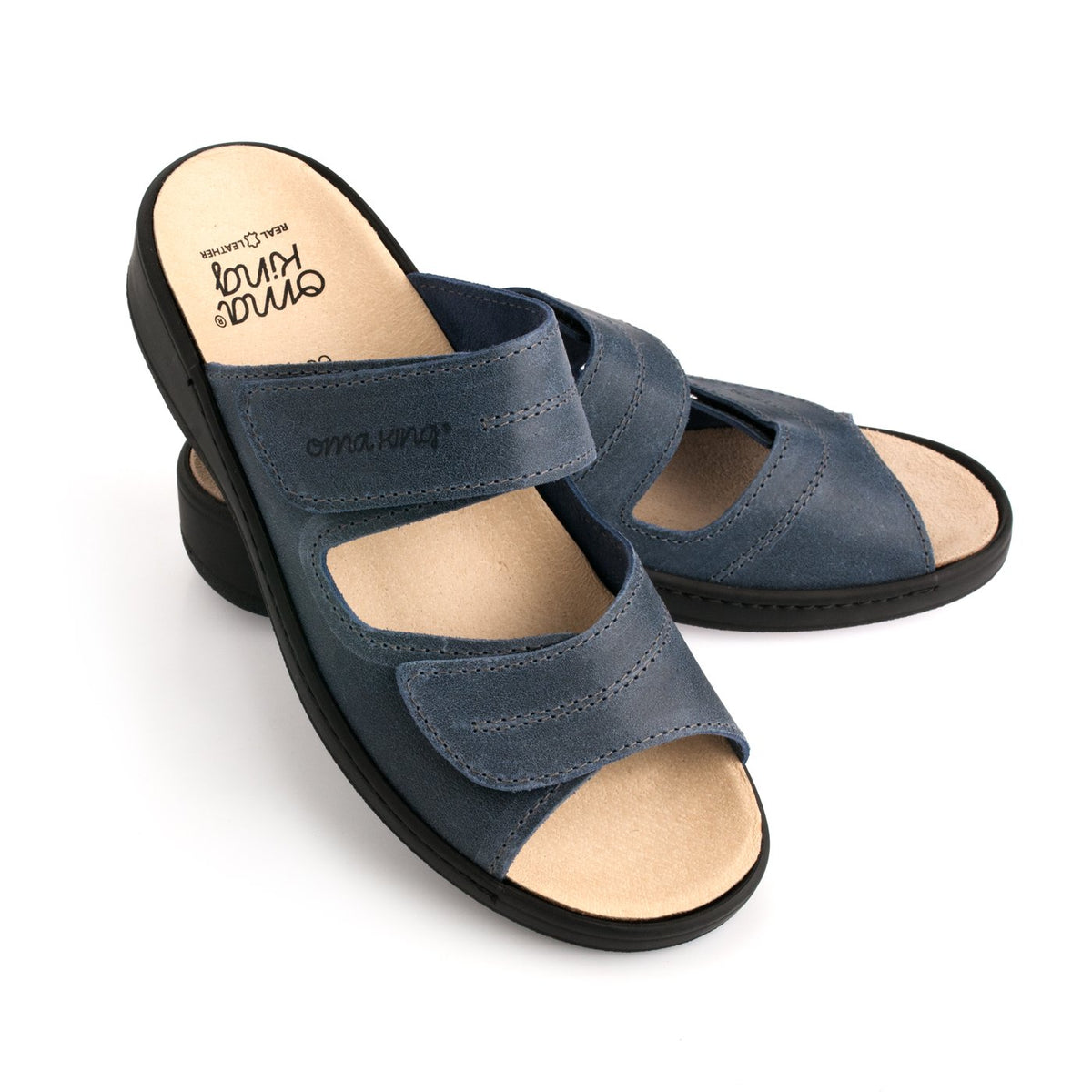 1. OmaKing professional ergonomic sandals in blue with adjustable Velcro straps, shown in a studio setting