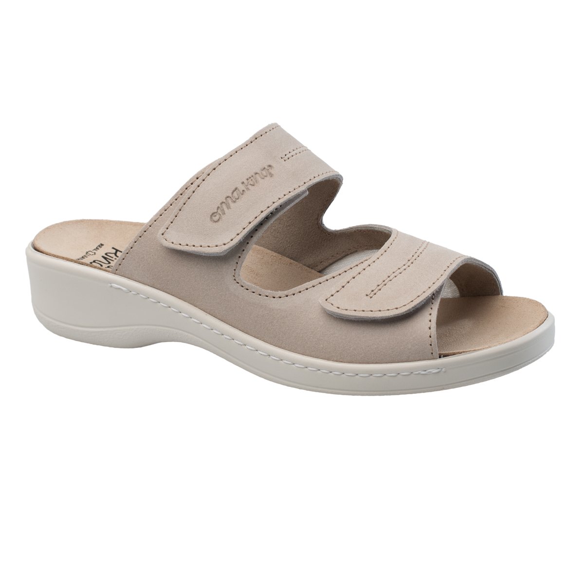 1. Women's beige professional heel-cushioned sandals by OmaKing with Velcro straps, shown in studio setting