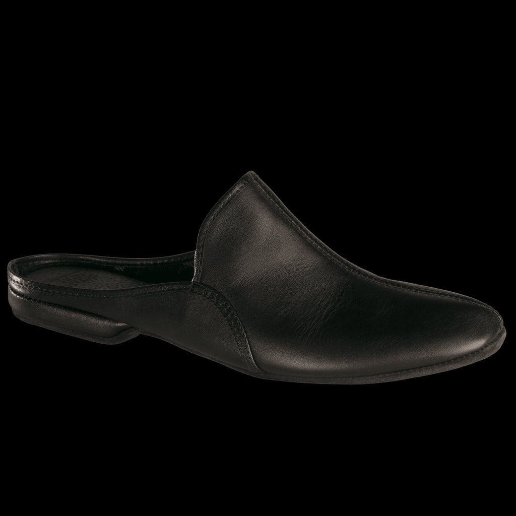 1. Studio shot of Omaking Sika leather slippers in black, showcasing slip-on design and velour leather outsole