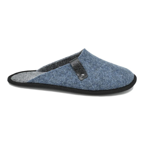 1. Side view of Navi unisex blue slippers by OmaKing, made from recycled plastic bottles with a thin rubber outsole