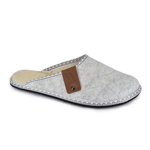 1. Omaking Halla lambswool and natural felt slipper with leather label, shown in side view