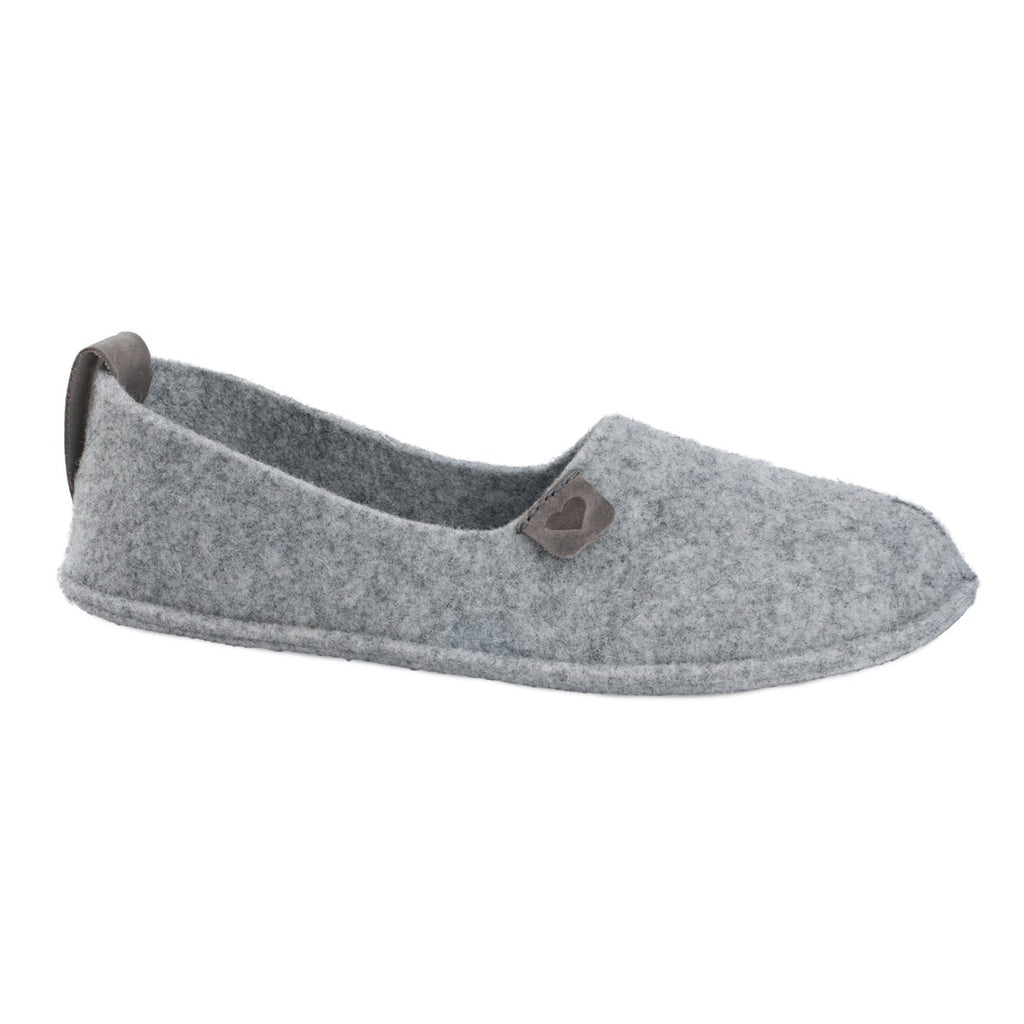 2. Side view of grey Toku slippers by OmaKing, highlighting natural felt material and leather logo