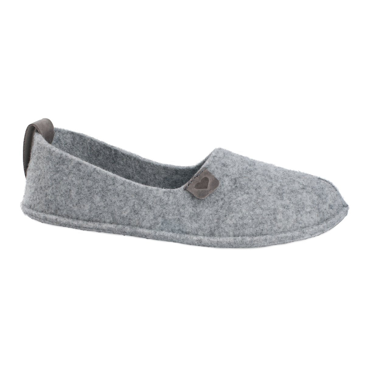 2. Side view of grey Toku slippers by OmaKing, highlighting natural felt material and leather logo