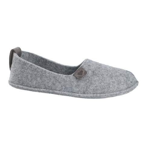 2. Side view of grey Toku slippers by OmaKing, highlighting natural felt material and leather logo