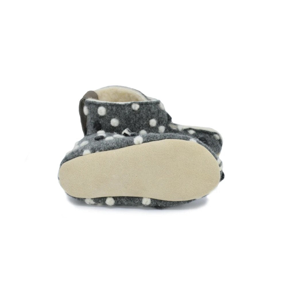 1. Kids' dotted grey slippers by Omaking, showing flexible sole and felt material