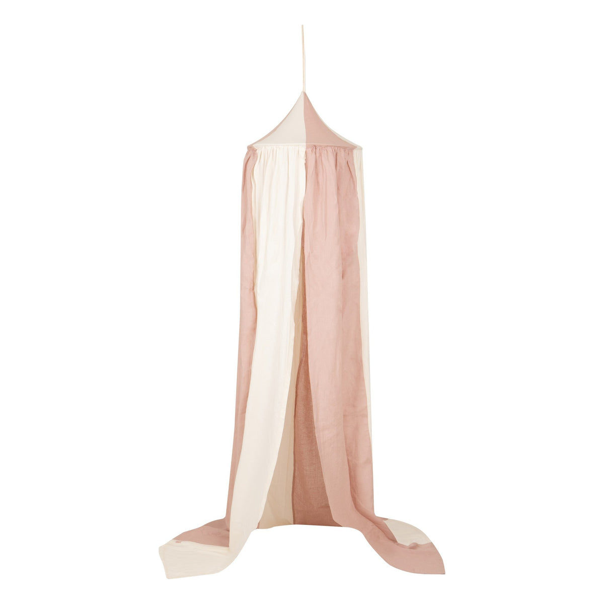 2. Studio shot of powder pink and cream canopy with a pointed top, showcasing its elegant drape and soft fabric.