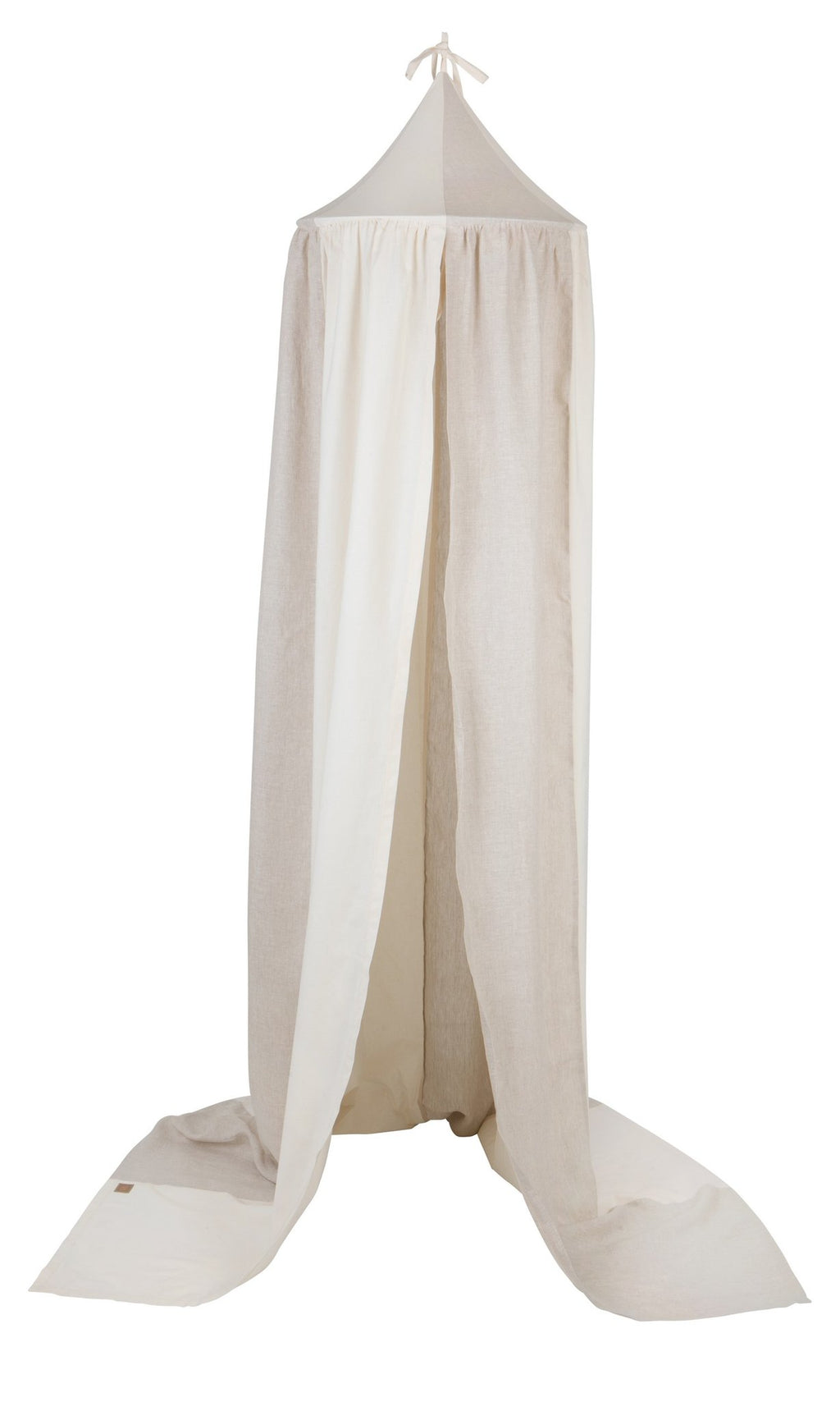 7. Studio shot of cream canopy with open drapes on white background
