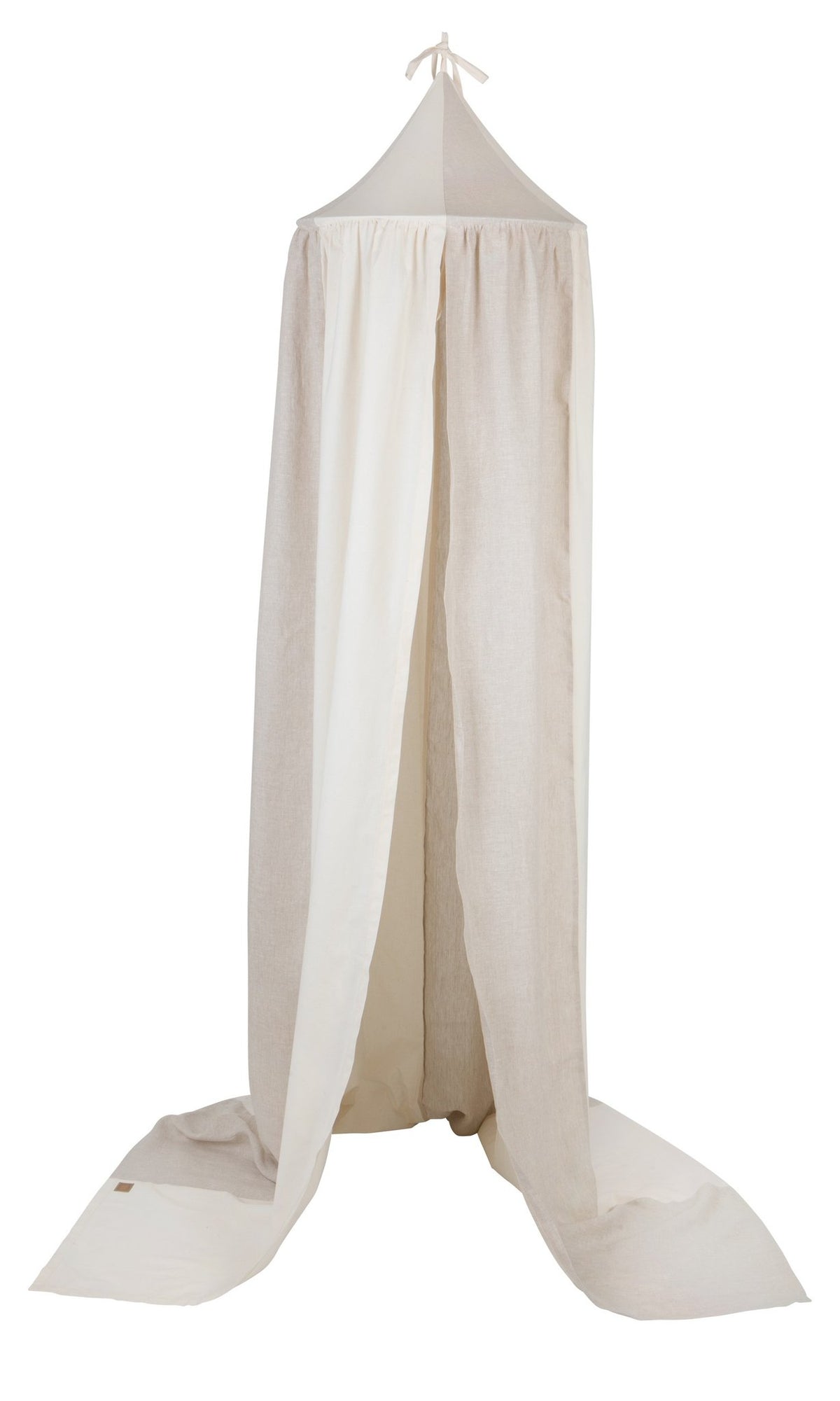 7. Studio shot of cream canopy with open drapes on white background