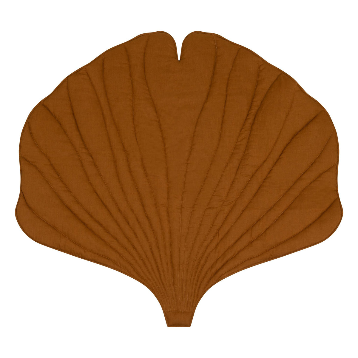 2. Studio shot of caramel-colored ginkgo leaf-shaped playmat made from organic cotton and linen, highlighting its unique design and texture
