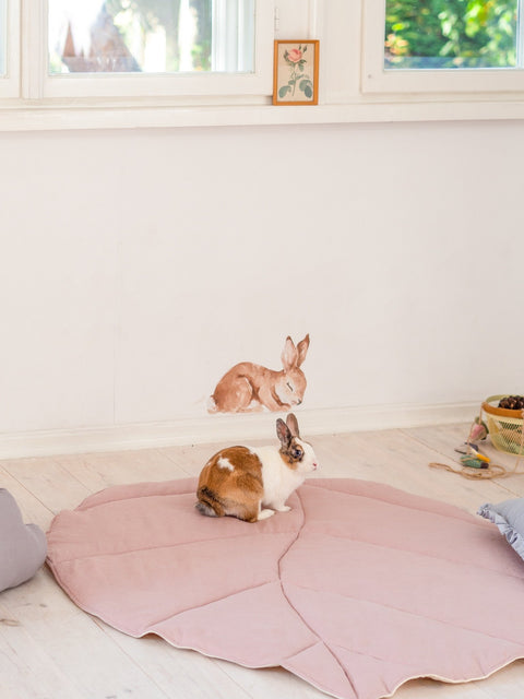 1. Rabbit sitting on powder pink leaf playmat in a bright room with wall art
