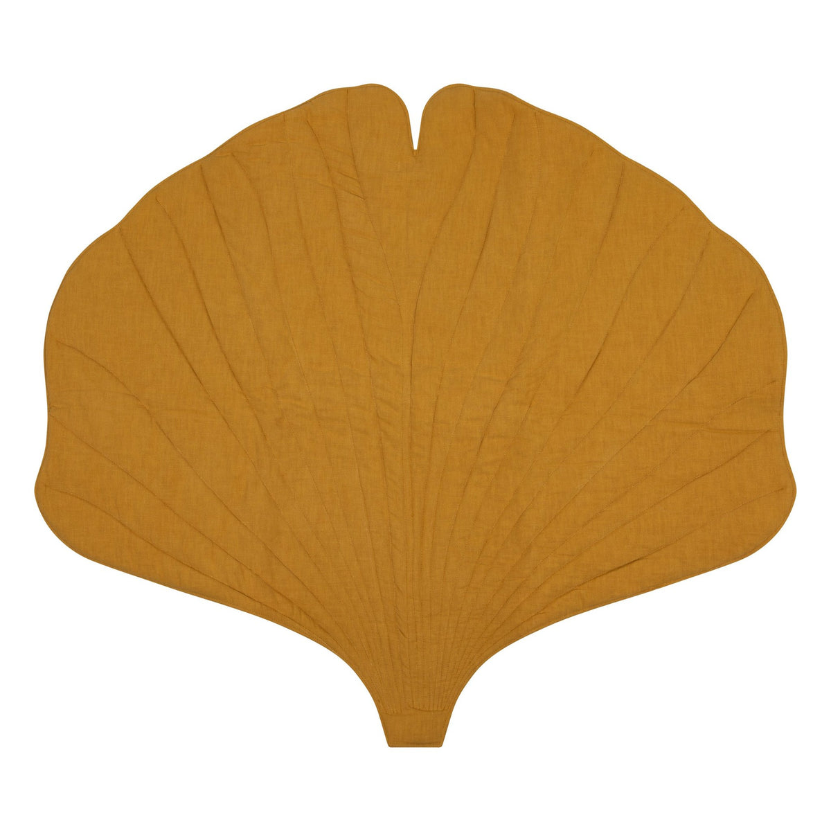 2. Mango-colored ginkgo leaf-shaped playmat made from organic cotton and linen on a white background