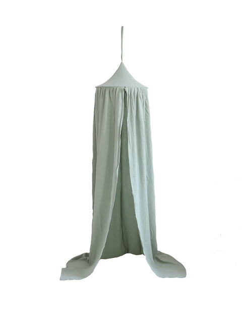 2. Studio shot of mint green cotton canopy with open drapes on white background