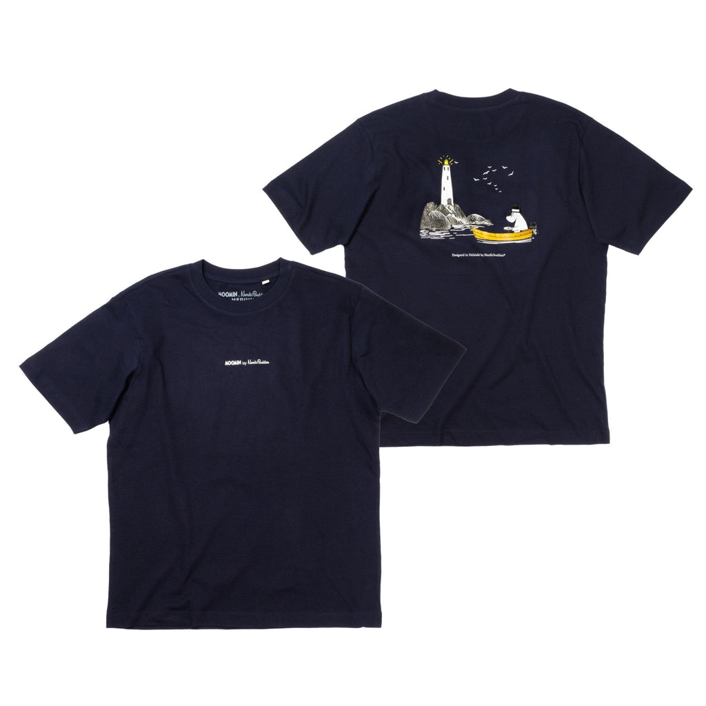 2. Studio shot of unisex Moomin by NordicBuddies T-shirt showing front and back designs with Moominpappa and lighthouse