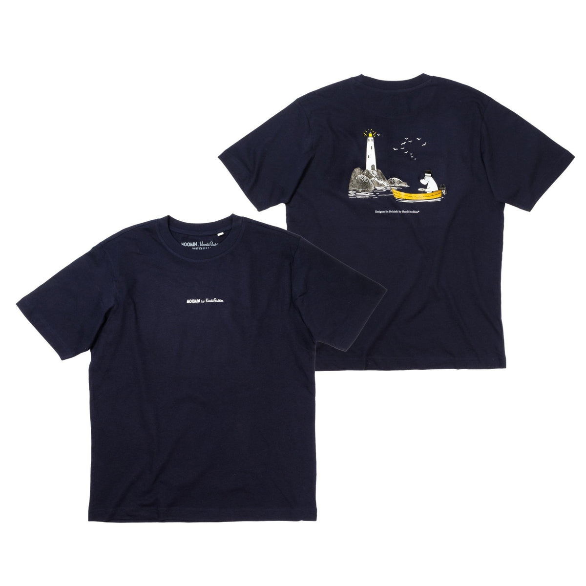 2. Studio shot of unisex Moomin by NordicBuddies T-shirt showing front and back designs with Moominpappa and lighthouse