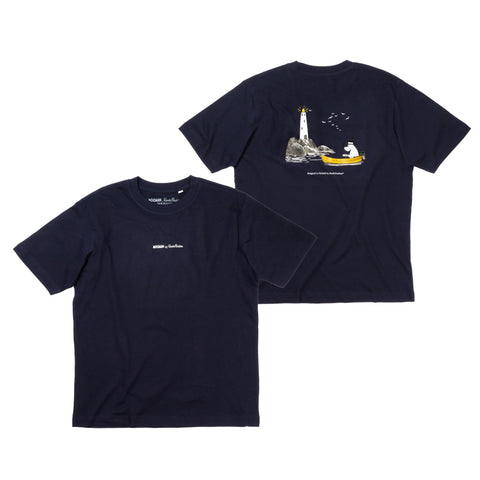 2. Studio shot of unisex Moomin by NordicBuddies T-shirt showing front and back designs with Moominpappa and lighthouse