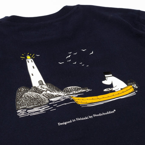 3. Close-up of Moomin by NordicBuddies T-shirt back design featuring Moominpappa in a boat and lighthouse illustration