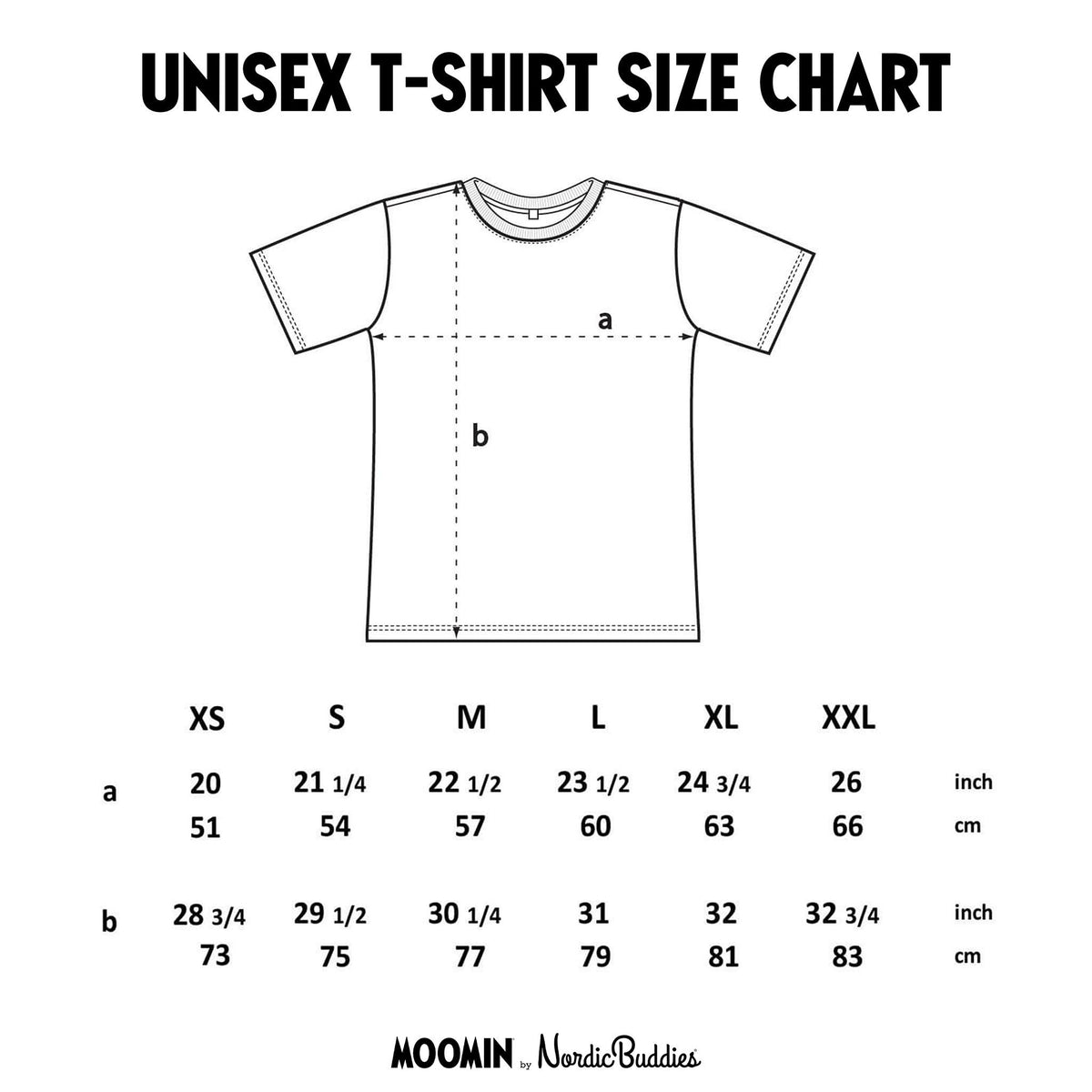 6. Size chart for unisex Moomin by NordicBuddies T-shirt, showing measurements in inches and centimeters for sizes XS to XXL