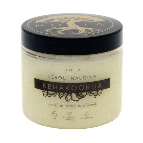 1. HOIA homespa Body Scrub Neroli Delight, 200 ml jar with black lid, featuring uplifting neroli scent and natural ingredients, shown in studio setting
