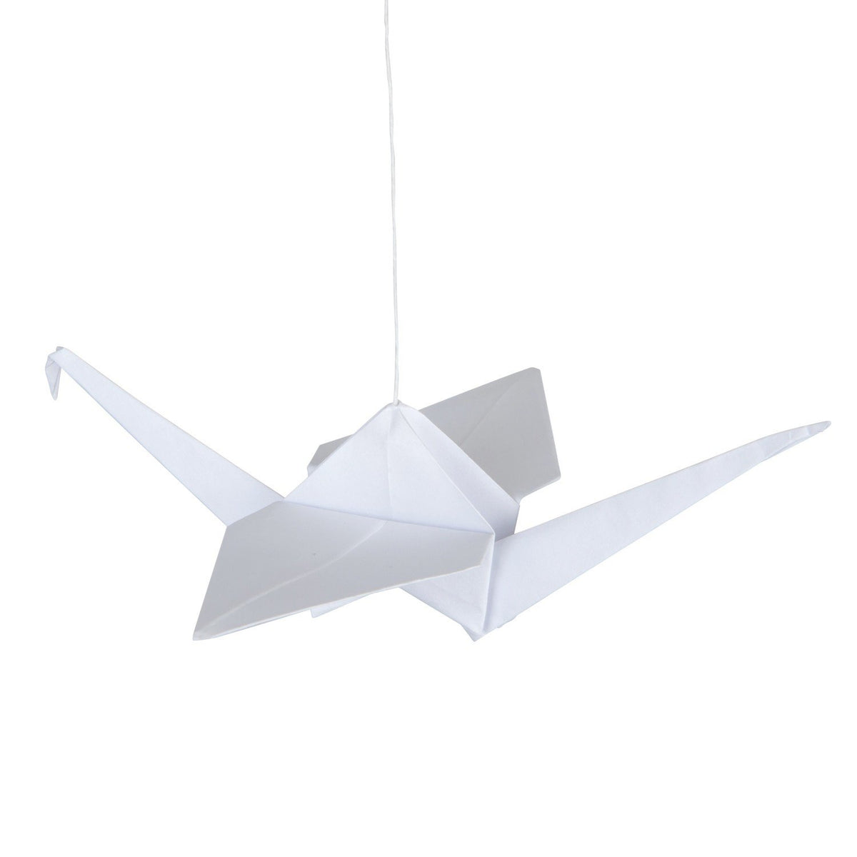 2. Close-up of a single white origami crane hanging from a string against a plain white background