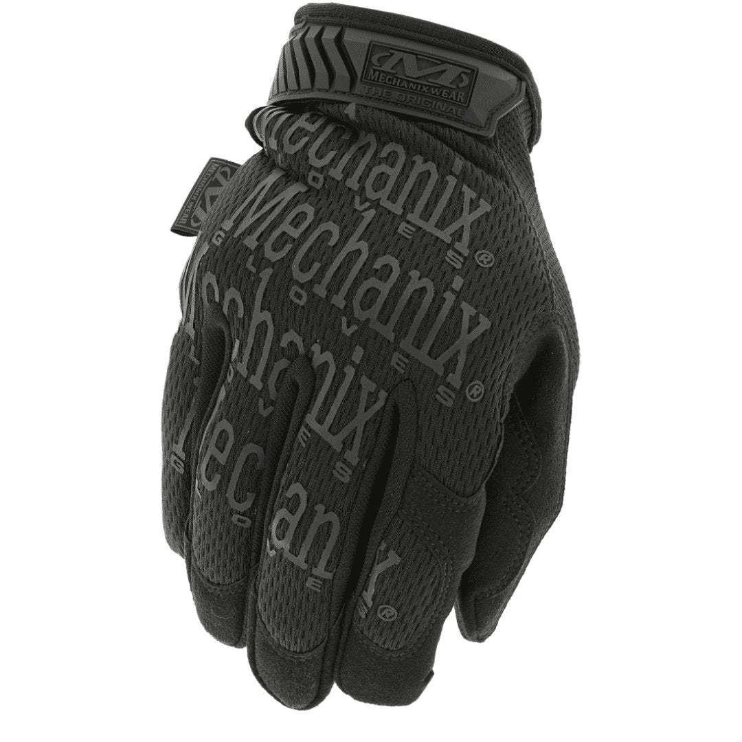 1. Black Mechanix tactical glove with logo on backhand, shown in studio setting