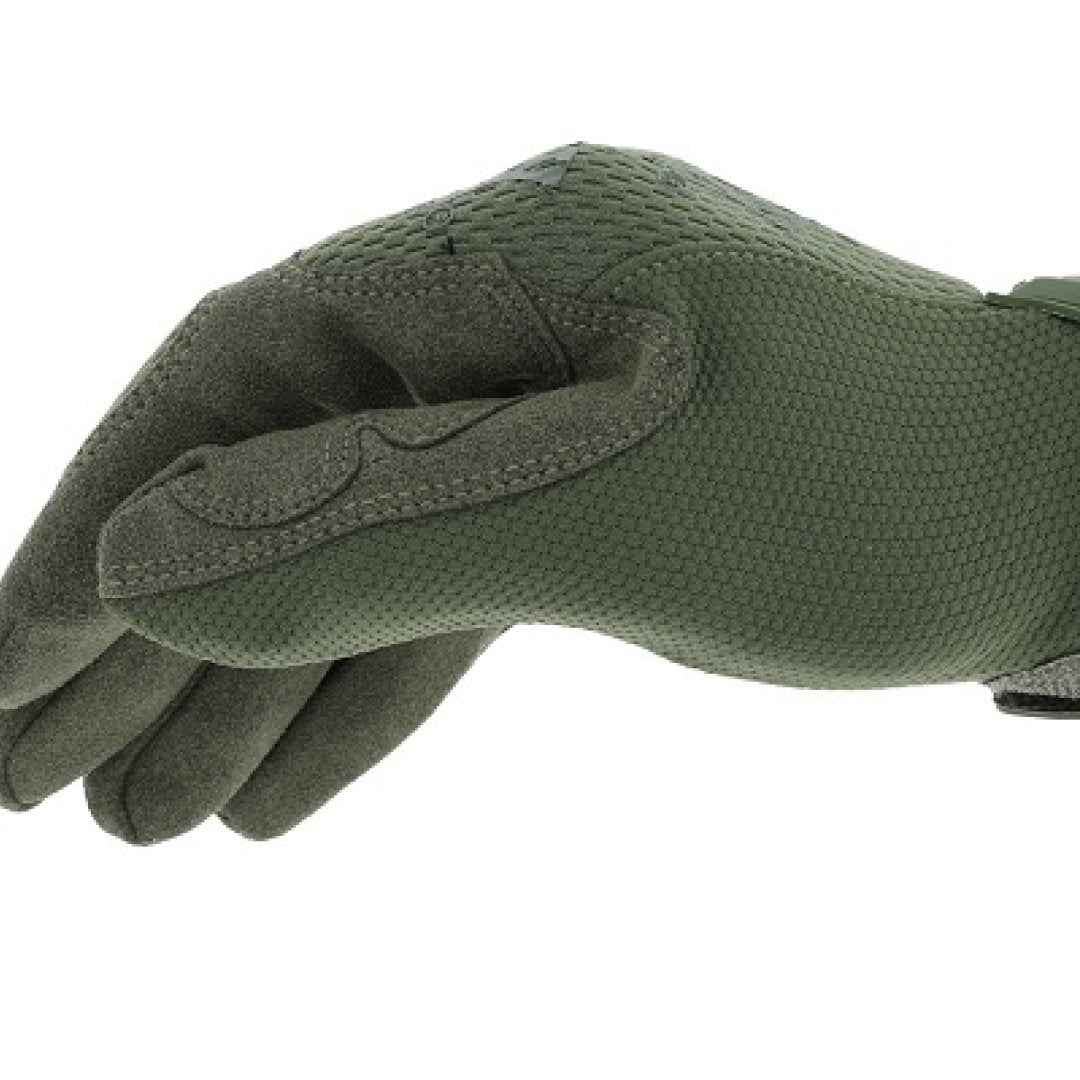 3. Close-up of military green Mechanix glove showing side view and synthetic leather palm