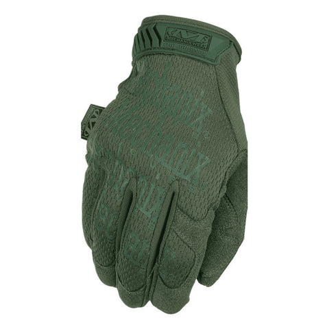 1. Military green Mechanix tactical glove with logo on backhand, shown in studio setting