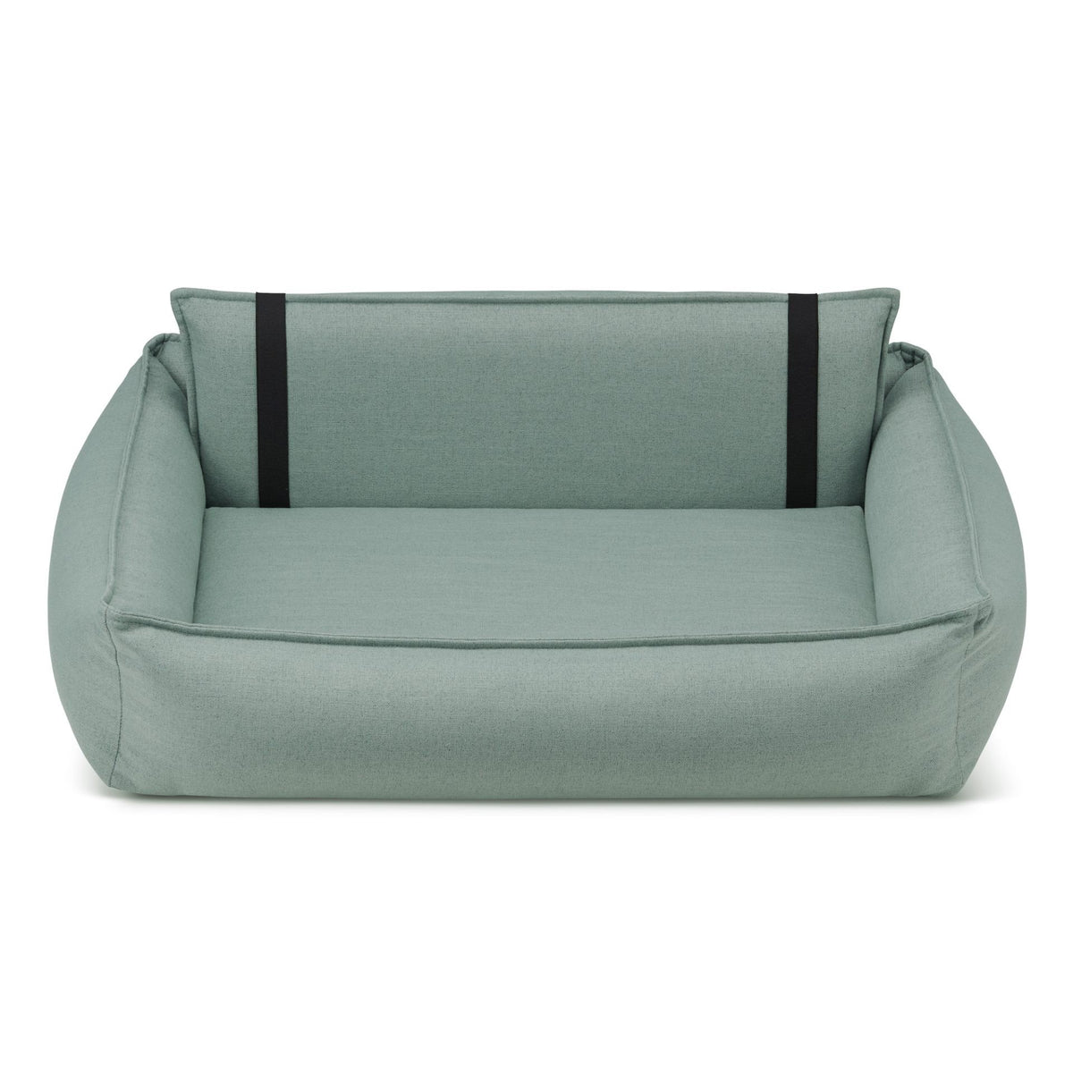 2. Orteo dog bed in soft teal with orthopedic features, showing removable backrest and elastic elements, made from hypoallergenic materials by Labbvenn, studio shot highlighting design and comfort.