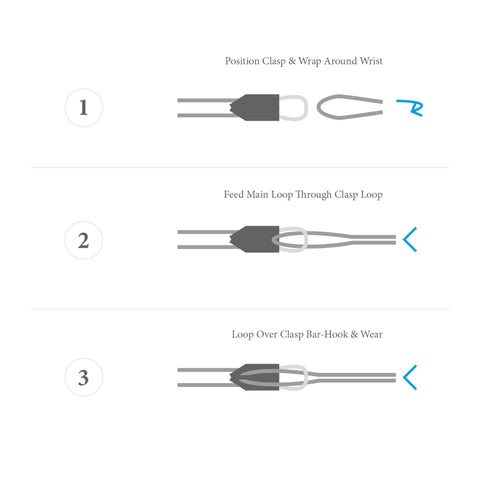 5. Size chart for Padstow Silver and Braided Leather Bracelet, showing how to secure the clasp