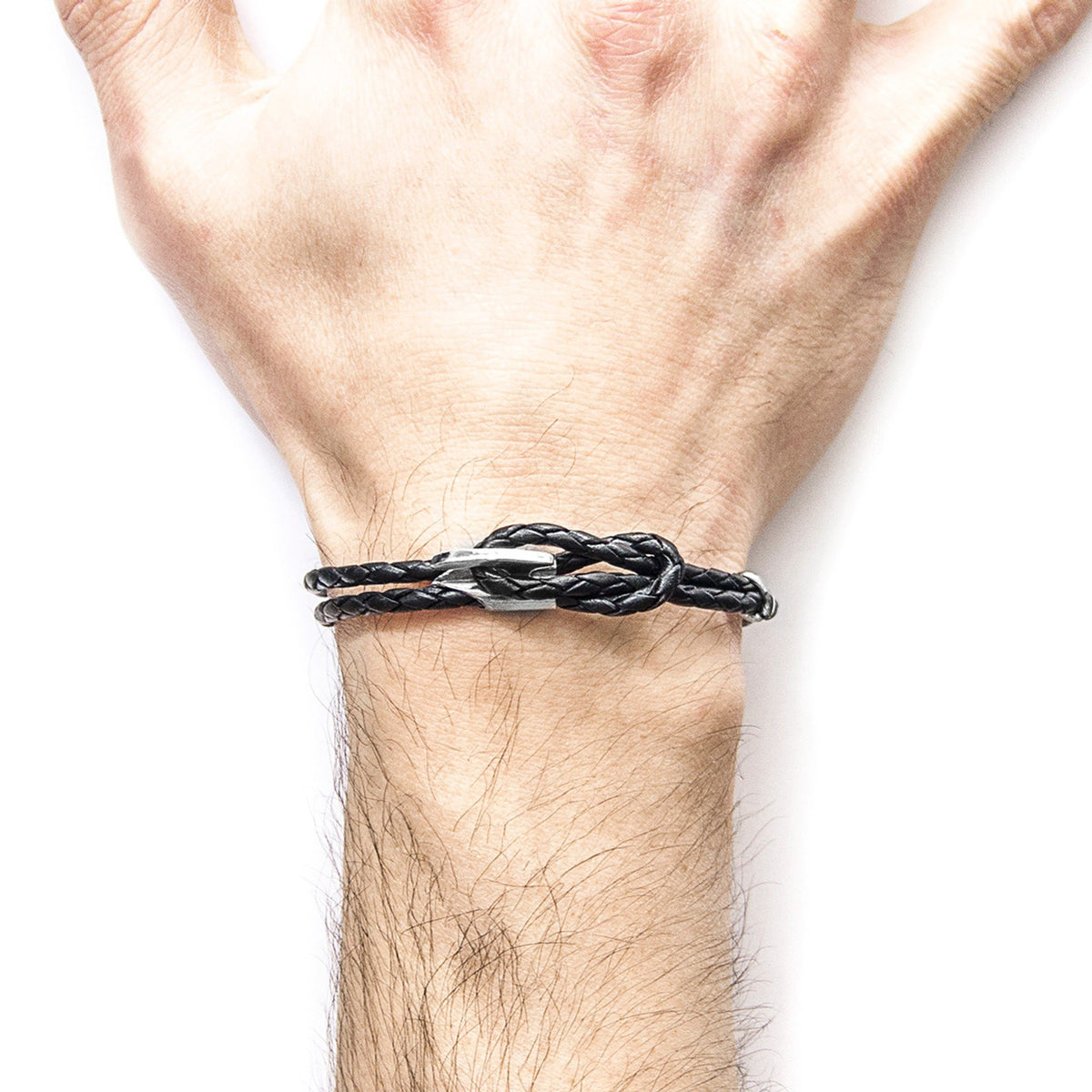 2. Men's Padstow Silver and Braided Leather Bracelet in coal black shown on wrist, highlighting braided design