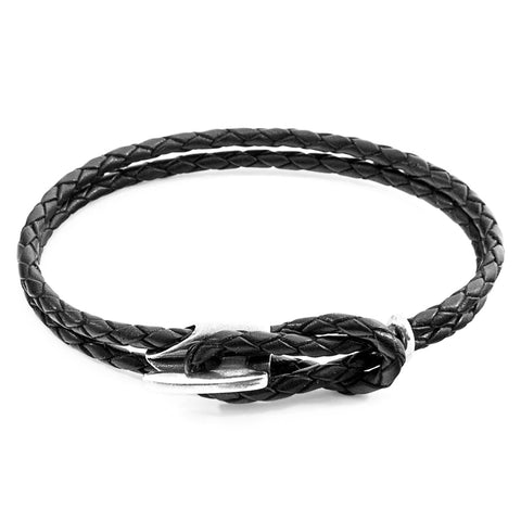 3. Studio shot of Padstow Silver and Braided Leather Bracelet in coal black, featuring .925 sterling silver clasp