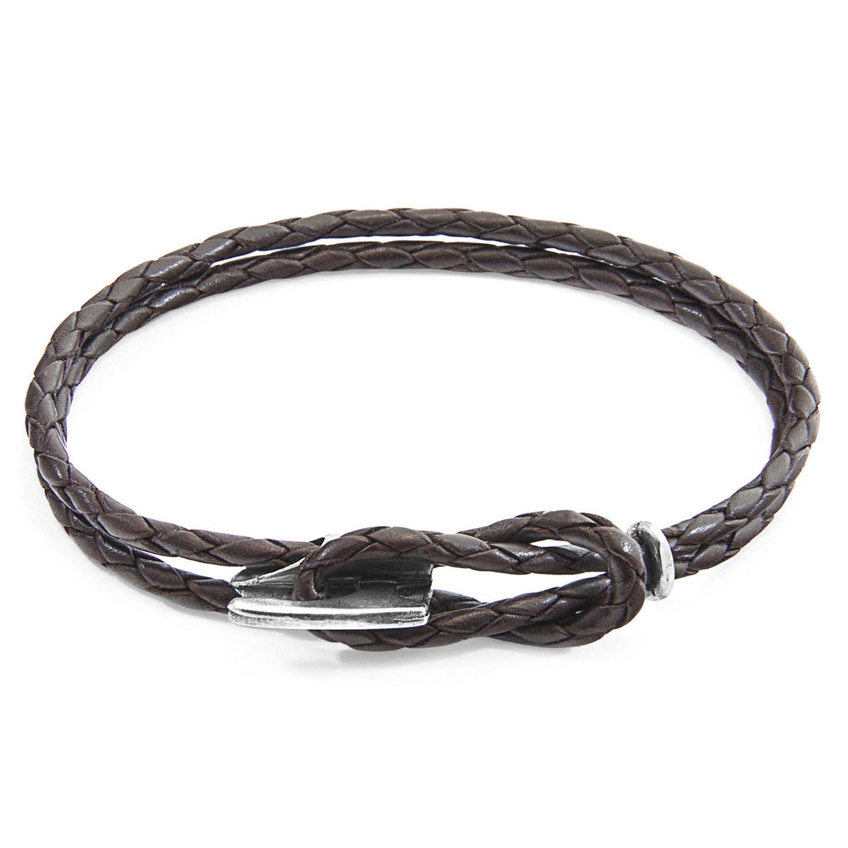 3. Studio image of Padstow silver and dark brown braided leather bracelet by ANCHOR & CREW, showing clasp detail