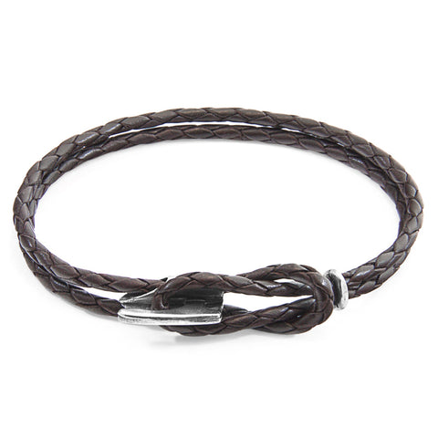 3. Studio image of Padstow silver and dark brown braided leather bracelet by ANCHOR & CREW, showing clasp detail