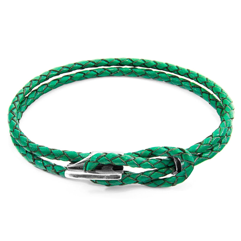 3. Studio image of Padstow Silver and Braided Leather Bracelet in Fern Green by ANCHOR & CREW, showing braided design