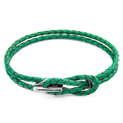 3. Studio image of Padstow Silver and Braided Leather Bracelet in Fern Green by ANCHOR & CREW, showing braided design