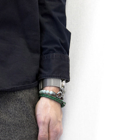 1. Men's Padstow Silver and Braided Leather Bracelet in Fern Green worn with other accessories, showcasing style
