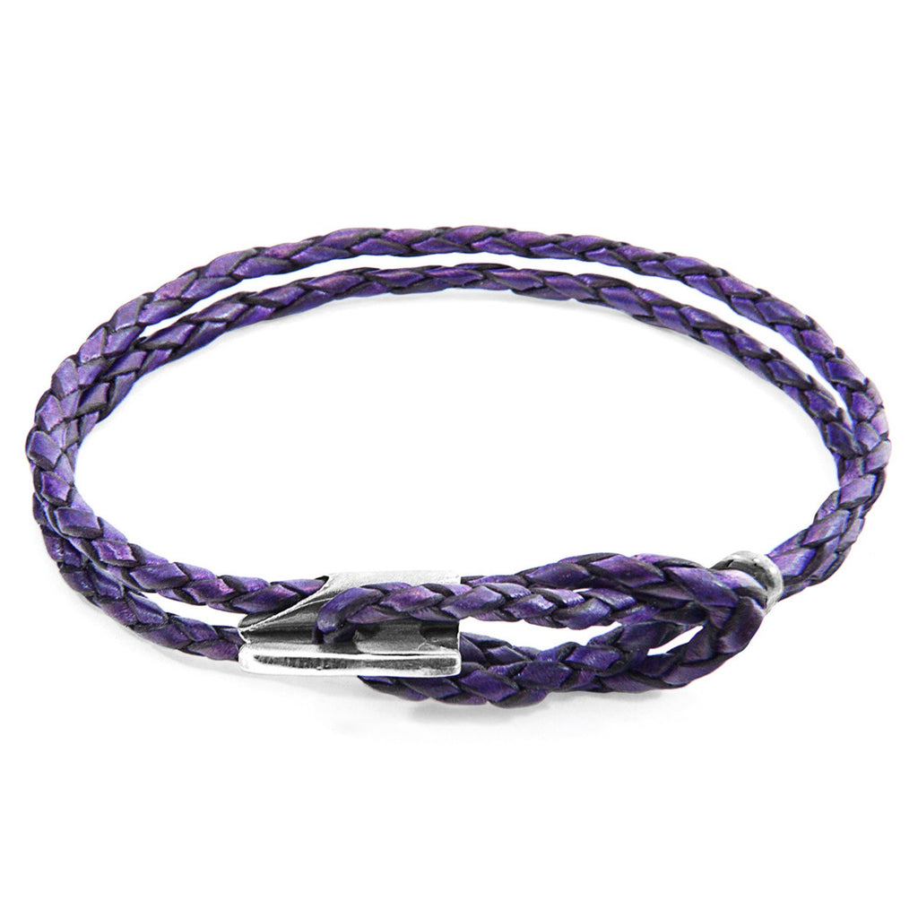 3. Studio image of Padstow silver and braided leather bracelet in grape purple by ANCHOR & CREW