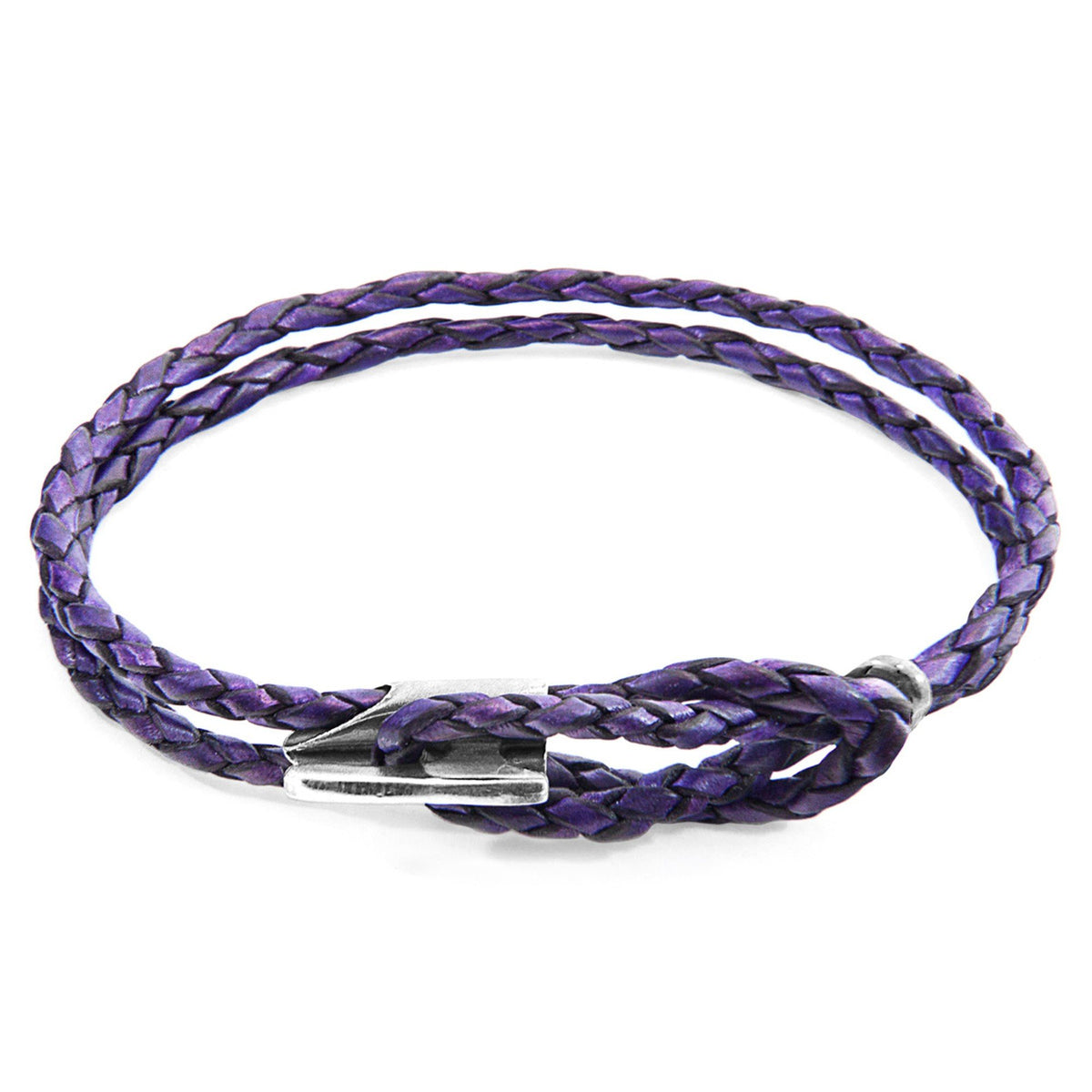 3. Studio image of Padstow silver and braided leather bracelet in grape purple by ANCHOR & CREW
