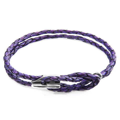 3. Studio image of Padstow silver and braided leather bracelet in grape purple by ANCHOR & CREW